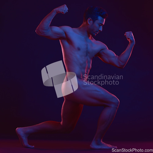 Image of Nude, art and strong with a model asian man in studio on a dark background for artistic body positivity. Skin, natural and muscle with a handsome young male posing naked on a black backdrop