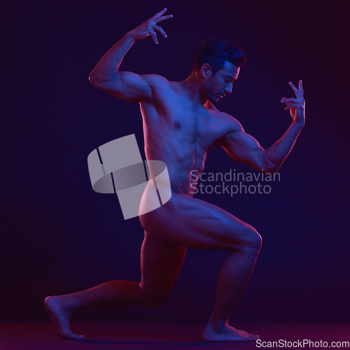 Image of Nude, art and art with a strong asian man in studio on a dark background for artistic and sexy body. Skin, natural and muscle with a handsome young male model posing naked on a black backdrop