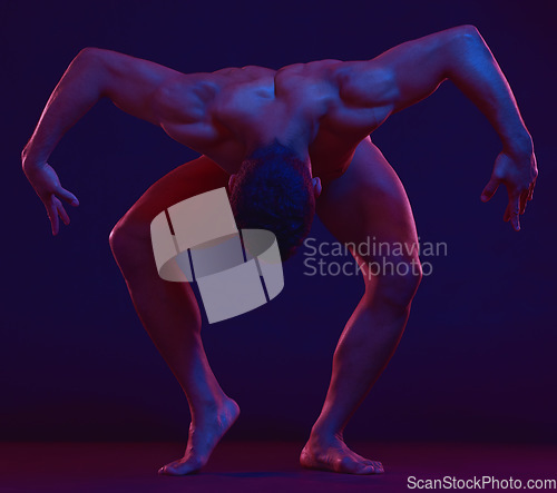 Image of Nude, art and expression with a model asian man in studio on a dark background for artistic and sexy body. Skin, natural and freedom with a handsome young male posing naked on a black backdrop