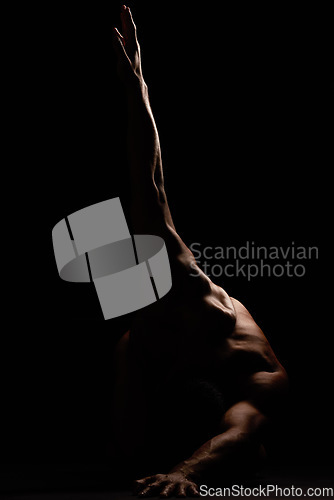 Image of Nude, man with body and silhouette and isolated on black background, strong with muscle and skin in a studio. Sexy, art and sensual, naked person in dark with fitness and bodybuilder mockup