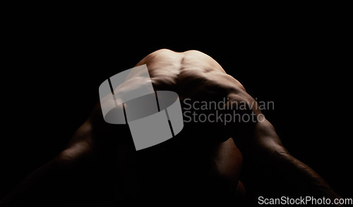 Image of Naked, man with muscle and isolated on black background, strong back and skin, silhouette and body in a studio. Sexy, art and sensual with nude person, athlete and model with fitness and bodybuilder