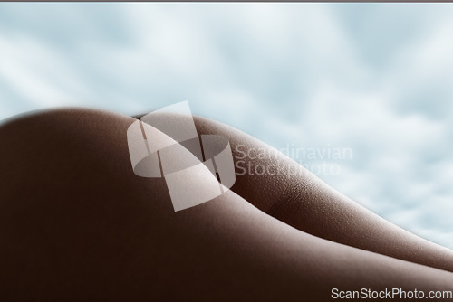 Image of Butt, naked and nude body of a woman for hygiene and skincare isolated against a sky or cloud background. Sensual, cosmetic and hot female with perfect back side tone and shape as sexy art