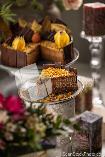 Image of Slice of layered chocolate mousse cake