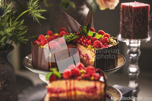 Image of Still life of tasty layered mousse cake