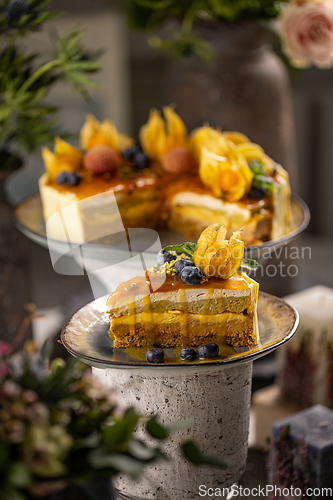 Image of Pistachio cake with salted caramel topping