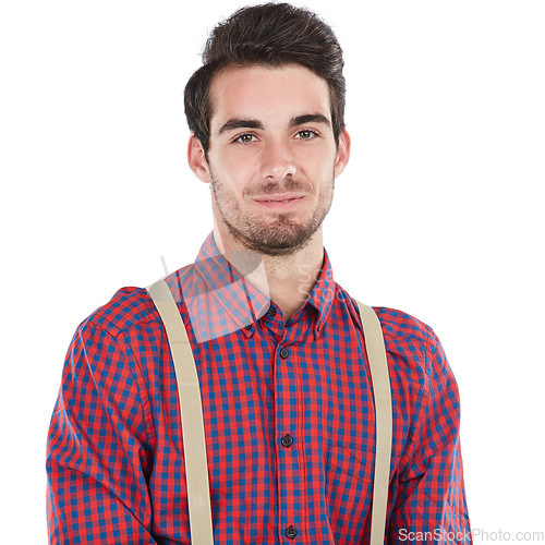 Image of Smile, man and portrait of a nerd or geek with white background isolated and happy. Smiling, smart and nerdy style clothes of a man standing with happiness of a model feeling positive in plaid