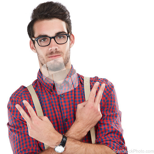 Image of Nerd, portrait and man with sign for peace, calm and young person isolated on white studio background. Face, male hipster and gentlemen showing fingers, edgy and trendy with casual outfit and clothes