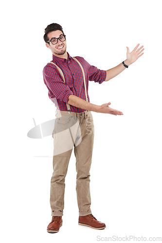 Image of Portrait, hands or showing promotion on isolated white background for marketing space, advertising or mockup. Smile, happy or geeky man and gesture for education deal or college learning presentation