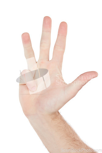 Image of Hands, number four and man in studio for sign language, countdown or gesture on white background. Hand, guy and communication with fingers for counting, signing or talking while standing isolated