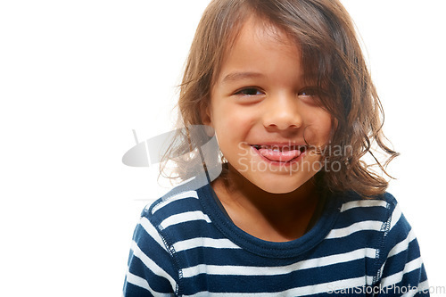 Image of Portrait, children and tongue with a boy in studio isolated on a white background for mockup or branding. Kids, face and silly with a male child on blank space for a logo or funny advertising