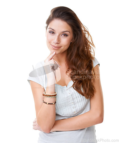 Image of Thinking, beauty and woman with a smile portrait and idea in a studio with white background. Planning, happiness and isolated young person smiling with a solution and casual fashion feeling happy