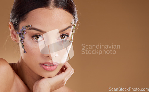 Image of Natural skincare, lavender flowers and woman with eco friendly cosmetics, facial product and beauty mockup. Sustainable dermatology, spa salon and face portrait of aesthetic model with floral makeup