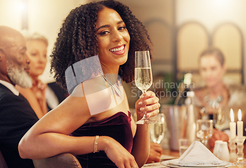 Image of Portrait, black woman or champagne glass for celebration, party or achievement with confident girl. Executive, African American female, lady or group at elegant event, alcohol or happiness with smile