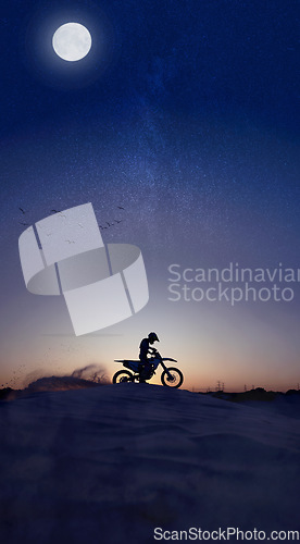 Image of Motorcycle, sport and silhouette riding against night, sky and background in nature, extreme sports and adrenaline. Biking, motorbike and person driving on dirt road, dark and shadow, stunt and free