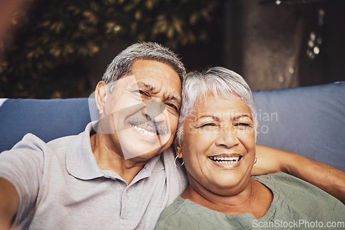 Image of Senior couple, selfie and portrait of elderly people in retirement with happiness in garden. Outdoor sofa, smile and marriage of a happy man and woman online together on holiday with love and care