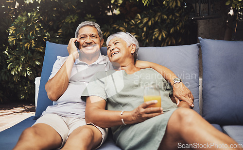 Image of Phone call, retirement and senior couple relax on outdoor lounge for summer holiday, vacation and investment. Healthy, love and elderly people in wealth, success and rich lifestyle on smartphone