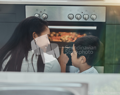 Image of Cooking, kid learning and stove food check with mother and child ready for teaching at home. Mom, boy and morning breakfast with happiness and parent care with happy young person helping mama