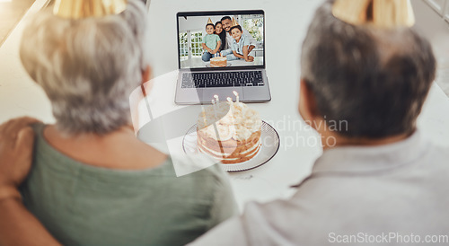 Image of Birthday, video call and senior family for virtual celebration, party cake and online love, care and retirement. Elderly people or grandparents on laptop screen with children to celebrate for holiday