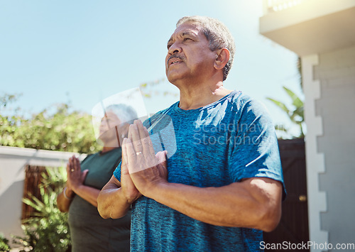 Image of Fitness, yoga and senior couple exercise for wellness, zen and relax in a garden, peace and calm. Health, workout and elderly man with woman in a yard for training, meditation and cardio in Mexico