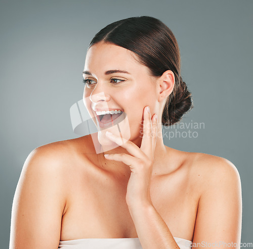 Image of Woman, happy skincare and beauty vision for cosmetics wellness, skin dermatology and lifestyle happiness in studio. Model, smile and luxury facial care and salon spa cosmetology or body care glow