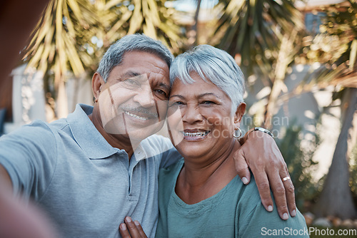 Image of Senior couple, hug and smile for selfie, social media or profile picture together for romance in the back yard. Portrait of happy elderly man and woman smiling in happiness for photo or relationship