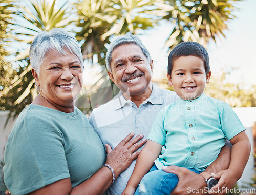 Image of Grandparents, child and portrait outdoor in a garden with love, care and kid support. Smile, happy and Mexican family together with kid and senior people in sunshine in a park with children in nature