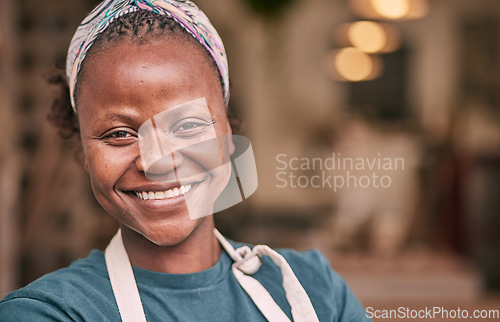 Image of Small business, entrepreneur and portrait of a woman owner standing in her pottery store or shop. Happy, smile and creative African female boss, ceo or manager with a clay workshop or studio.