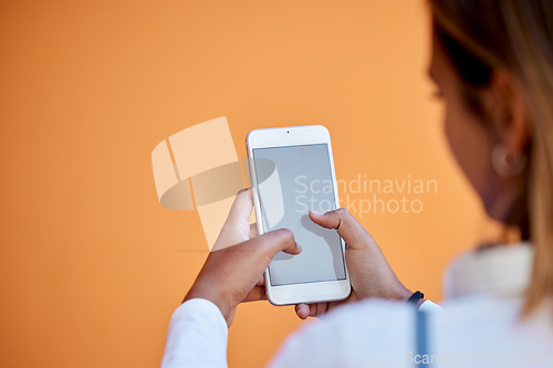 Image of Search, mockup and phone with hands of woman for communication, website and social media. Technology, internet and digital with girl and mobile for app, contact and online news in studio background