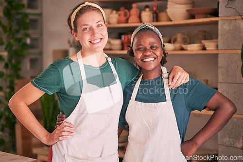 Image of Pottery, teamwork and portrait of women for small business, artistic startup and creative workshop. Collaboration, partners and females happy for success in ceramics, clay sculpture and artwork store