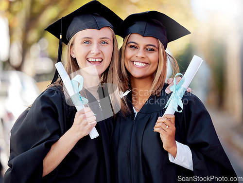 Image of Graduation, degree and portrait of friends together happy for academic success at their university campus. Certificate, achievement and young women students with college diploma or scroll to graduate