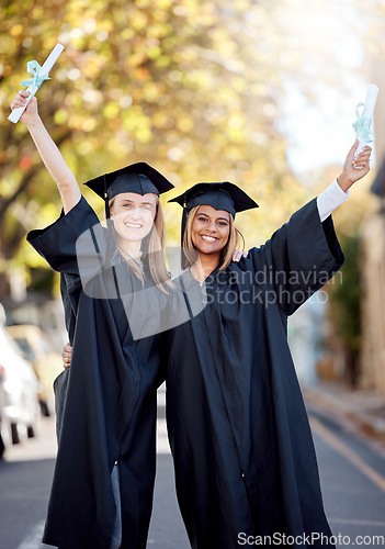 Image of Portrait, friends and women graduate, diploma achievement or celebrate together, education or knowledge. Young people, students or female academics with certificates, university success or graduation