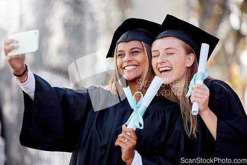 Image of Student woman, graduation selfie and smile for education success, goal or happiness on social media app. Friends, university or college with smartphone at celebration of study, goals and start career