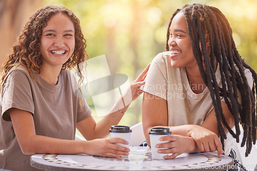 Image of Friends, coffee and women at cafe, smile and bonding for reunion, talking and chatting together. Sisterhood, females and ladies with tea, outdoor or conversation for happiness, communication or relax