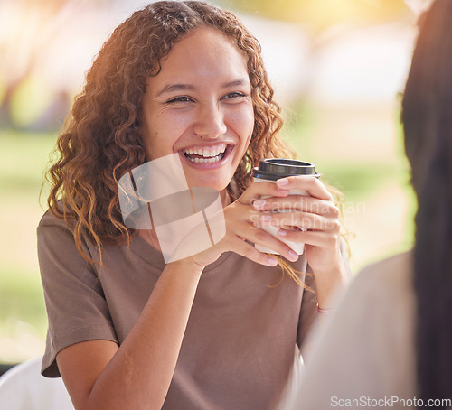 Image of Woman, friends and smile for coffee, chat or catch up on social life, friendship or relationship at an outdoor cafe. Happy female smiling in happiness for chatting, conversation or funny discussion