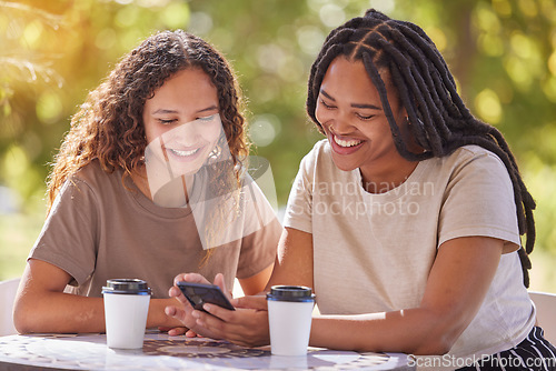 Image of Smartphone, university and couple of friends reading notification, social media post or funny meme at campus cafe. Park, students or happy black people on cellphone, mobile chat and online networking