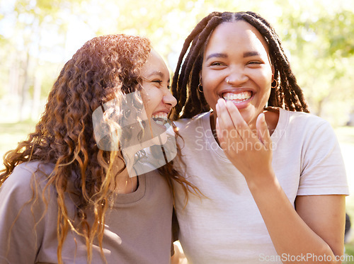 Image of Young women and friends with funny joke laugh together in park for bonding, gossip and happiness. Gen z, youth and happy black people smile at silly thought on summer hangout in nature.