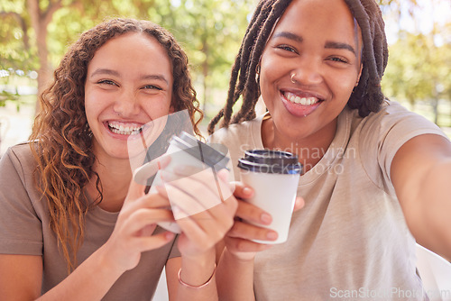 Image of Coffee, selfie and couple of friends outdoor, park or city for social media post, profile picture and gen z lifestyle. Happy diversity people, influencer or youth with cafe drink and smile portrait