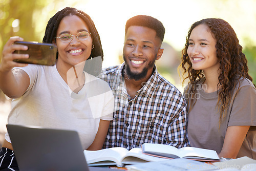 Image of Students, friends and group selfie at park while studying together. University scholarship, photography and people, man and women taking pictures or photo for social media or happy memory outdoors.