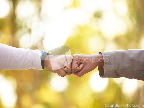 Image of Fist bump in nature, closeup and friends show support, solidarity or partnership for victory, winning together or commitment. People, outdoor or hand gesture for team building, target or goal success