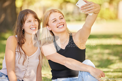 Image of Selfie, social media and park with a woman friends posing for a picture while sitting on the grass together during summer. Happy, smile and friendship with a female and her friend taking a photograph