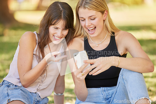 Image of Happy, park and phone with a couple of friends online together for funny comic social media post. Women outdoor on grass with smartphone for communication, 5g connection and typing search on internet