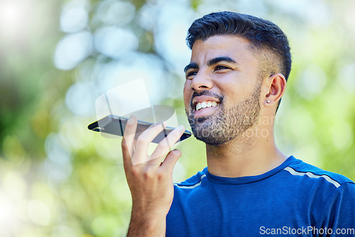 Image of Fitness, man and speaker phone for voice call, message or recognition in communication outside. Sporty male runner speaking to smartphone with 5G connection for GPS or tracking exercise in nature