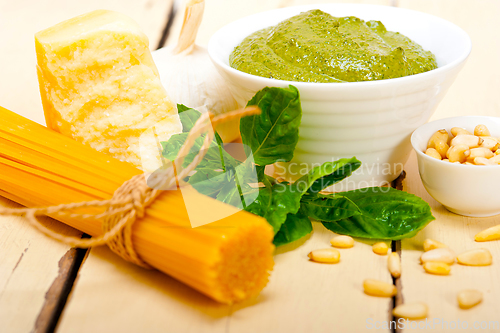 Image of Italian traditional basil pesto pasta ingredients