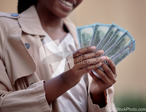 Image of Happy black woman, count money and street for winning, success and prize from competition in city, Girl, hands and cash from profit, salary or bonus for saving, investment or building wealth in metro