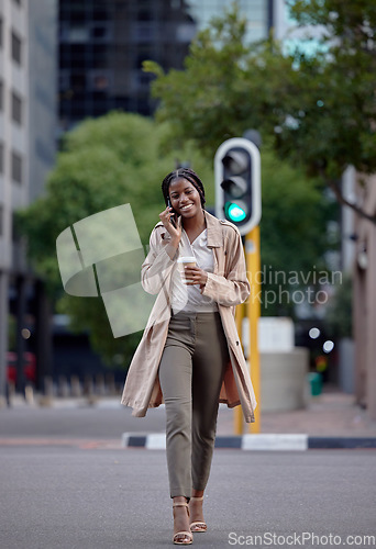 Image of Phone call, city and woman on coffee break, travel or walking to work with communication, networking and smile. Happy international, black person talking on a smartphone for 5g chat in urban street