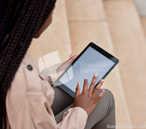 Image of Tablet, screen and mockup with hands of woman or student outdoor for e learning, online course and education app. Digital technology and person on university stairs for 5g internet search or website