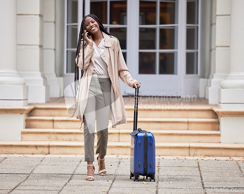 Image of Travel, business phone call and black woman with suitcase in city for conference, global meeting or work trip. Corporate work, hotel and girl talking on smartphone for cab, taxi and transport service