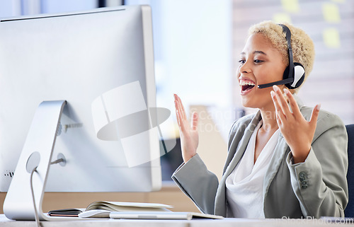 Image of Black woman, telemarketing and happy hands in call center office for crm contact us and customer support helpline. African girl, smile and excited networking consultant or advisor happiness in agency