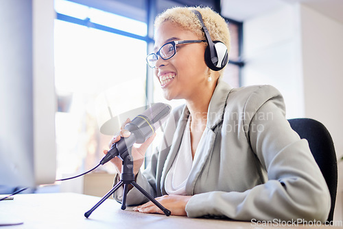 Image of Podcast, radio and microphone of black woman in radio show, live streaming or audio conversation for broadcast. Influencer, speaker or social media presenter with online platform for politics or news