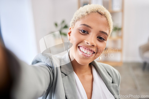 Image of Selfie, business and black woman with achievement, office and smile for new project. Portrait, African American female employee and entrepreneur with leadership skills and happiness in workplace